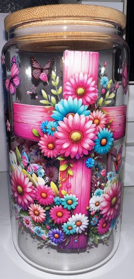 Pink Cross 16oz glass cup